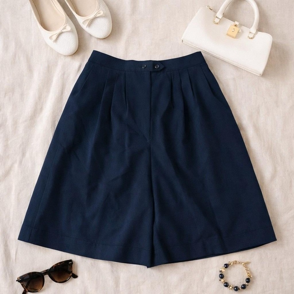 Fashion Star Navy Blue Pleated Walking Shorts High Rise Culottes Made in USA 12